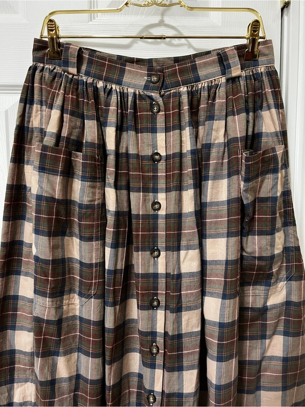 Laura Ashley vintage Plaid Maxi Skirt Pleated Size 12 Front Button Closure Brown - Picture 6 of 12
